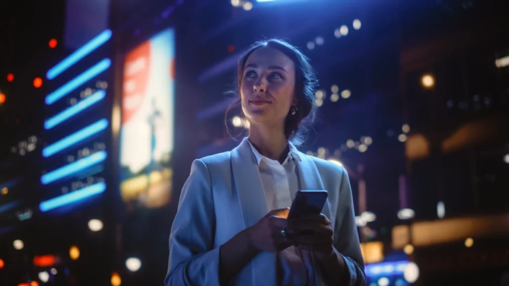 beautiful young woman using smartphone standing night city street full neon light portrait gorgeous smiling female using mobile phone